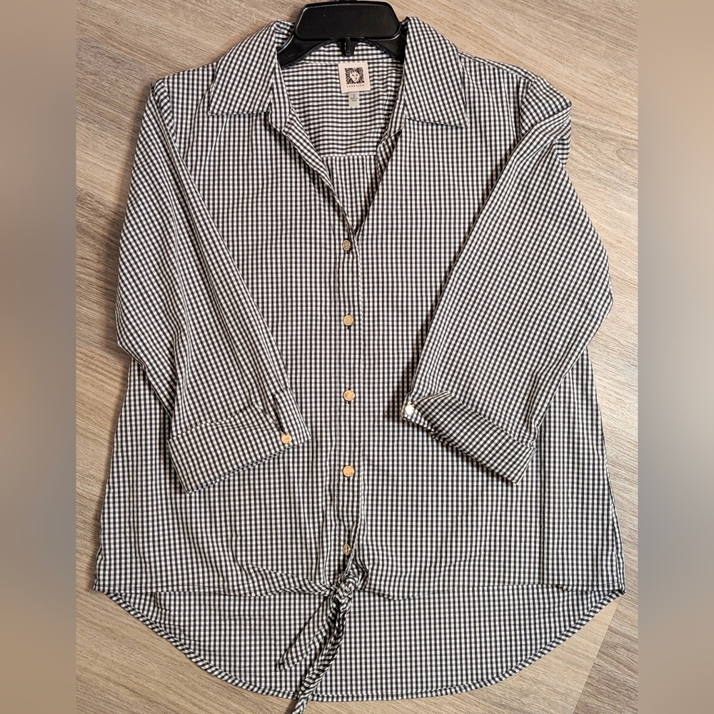 Anne Klein Gingham Check Button Down Blouse | Hi-Lo Hem Tie Front Top Size S
